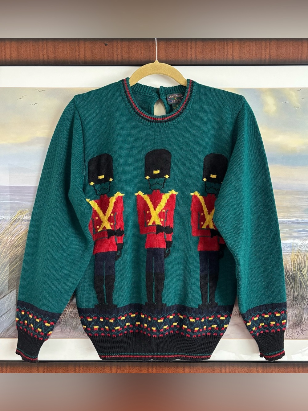 VTG Charter Club Jane Justin Toy Soldier Wool Blend Knit Sweater Green Keyhole S